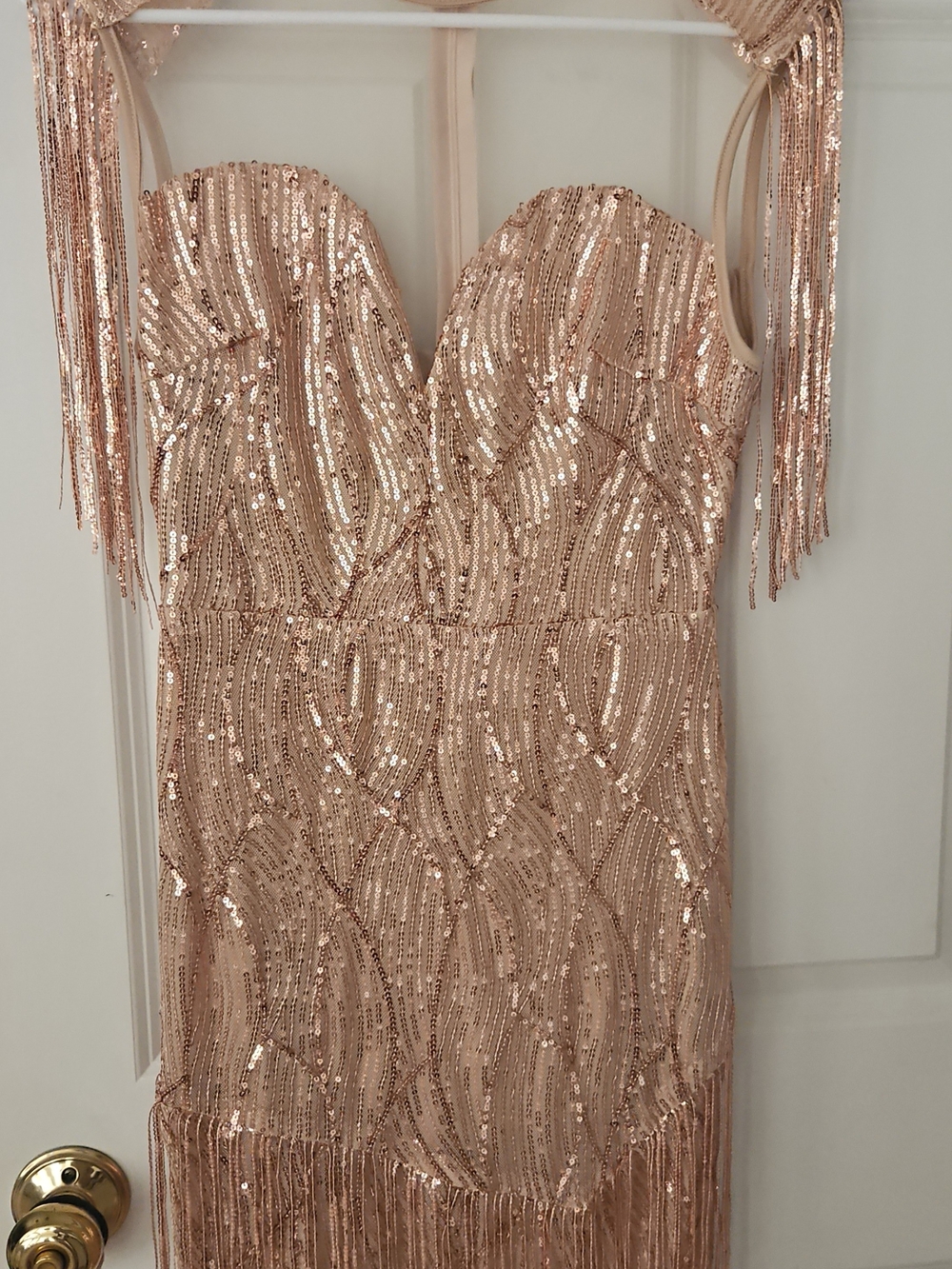 Strapless Rose Gold Sequin Fringe Cocktail Dress